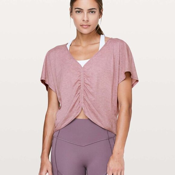 RARE Lululemon V Neck Relaxed Crop Short Sleeve Pink Plus Size 10 NWOT - Picture 2 of 11